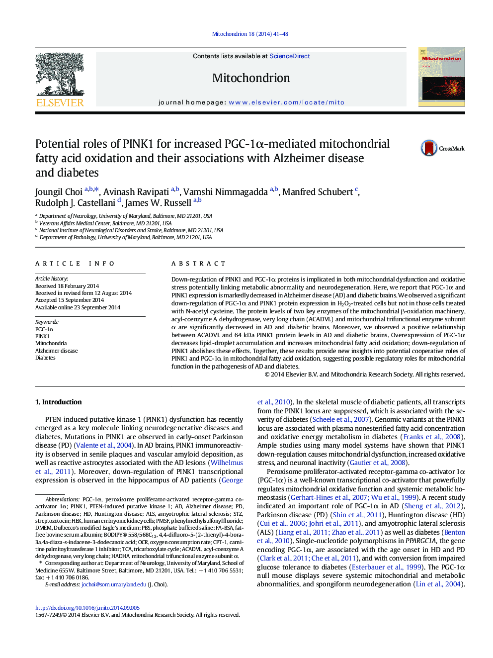 Potential roles of PINK1 for increased PGC-1Î±-mediated mitochondrial fatty acid oxidation and their associations with Alzheimer disease and diabetes