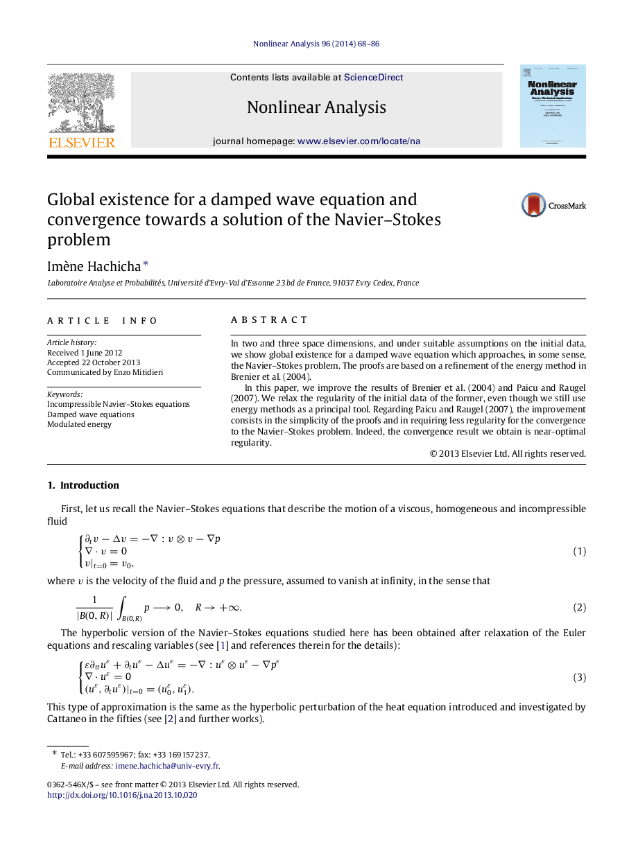 Global existence for a damped wave equation and convergence towards a solution of the Navier–Stokes problem