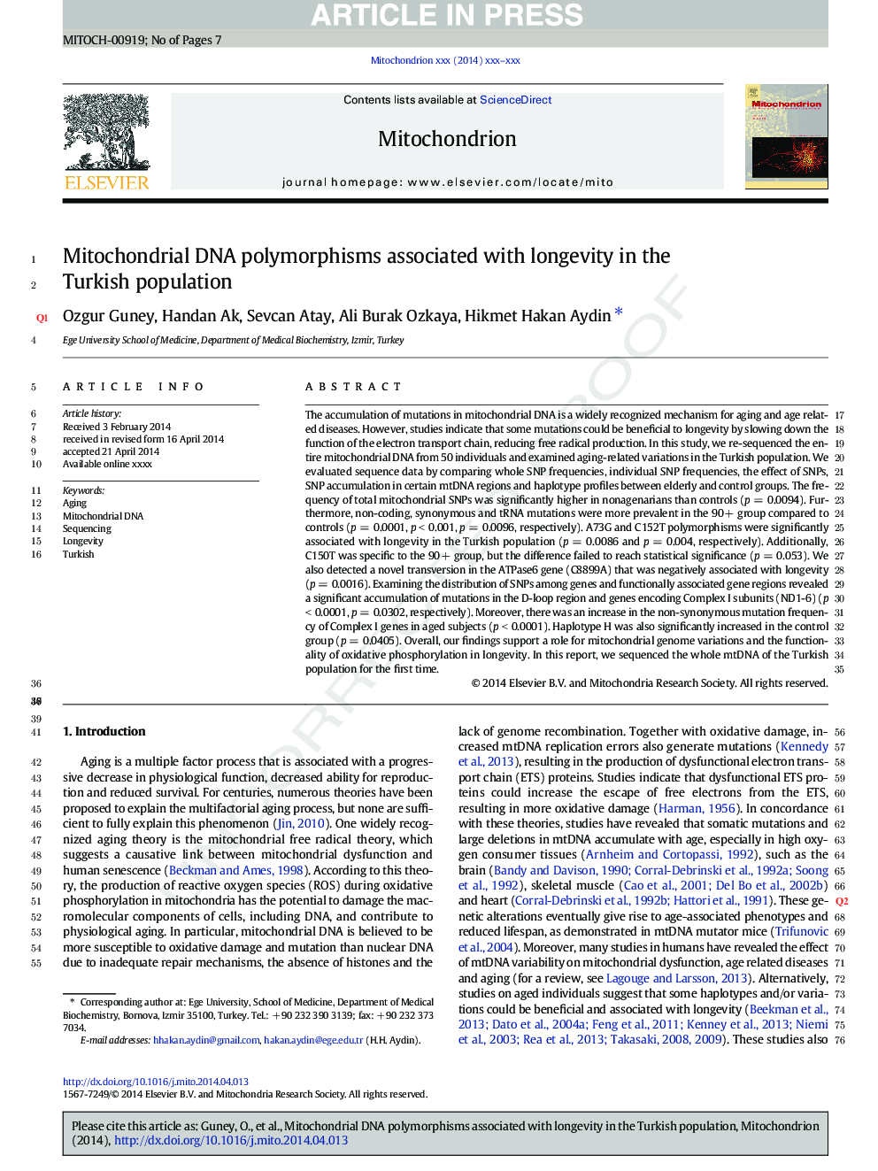 Mitochondrial DNA polymorphisms associated with longevity in the Turkish population