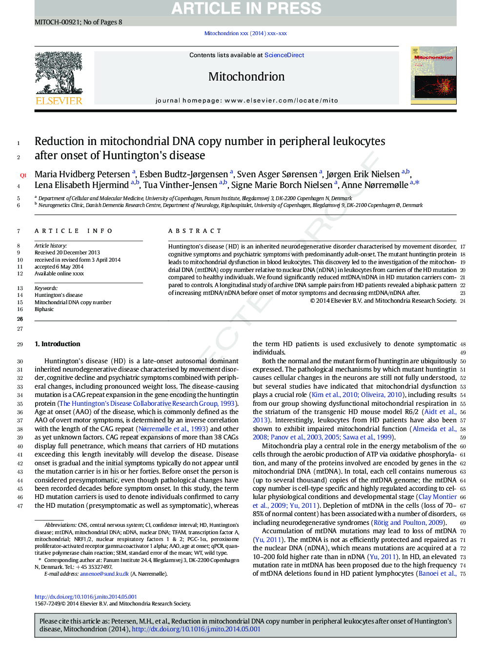 Reduction in mitochondrial DNA copy number in peripheral leukocytes after onset of Huntington's disease