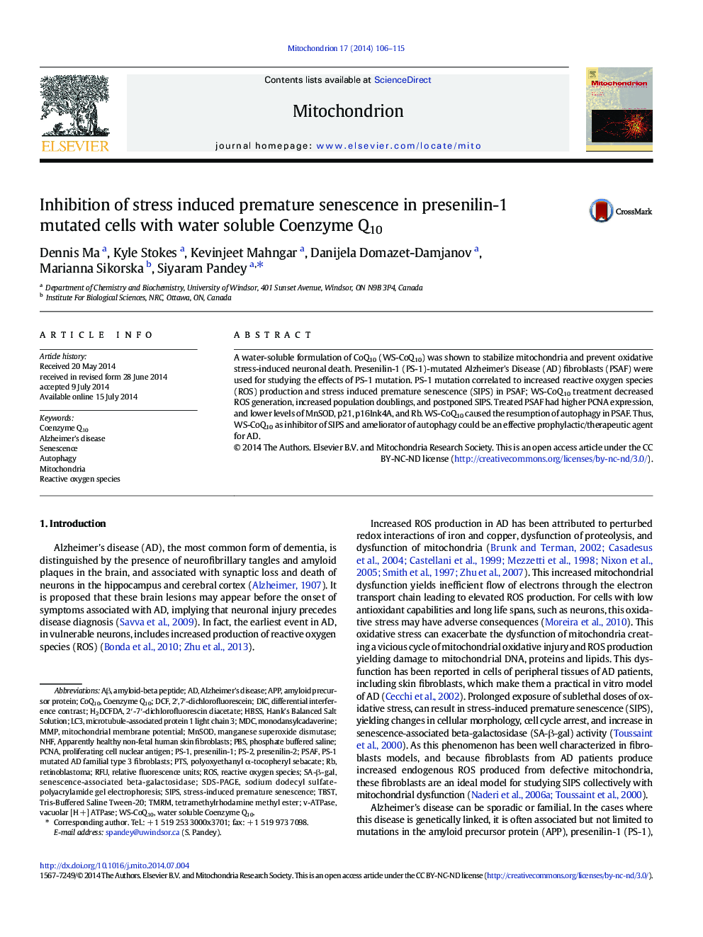 Inhibition of stress induced premature senescence in presenilin-1 mutated cells with water soluble Coenzyme Q10