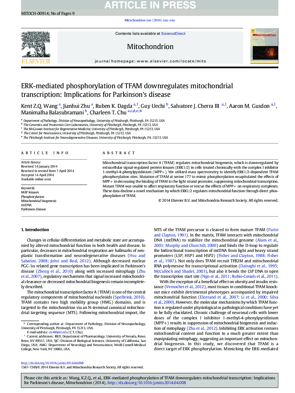 ERK-mediated phosphorylation of TFAM downregulates mitochondrial transcription: Implications for Parkinson's disease