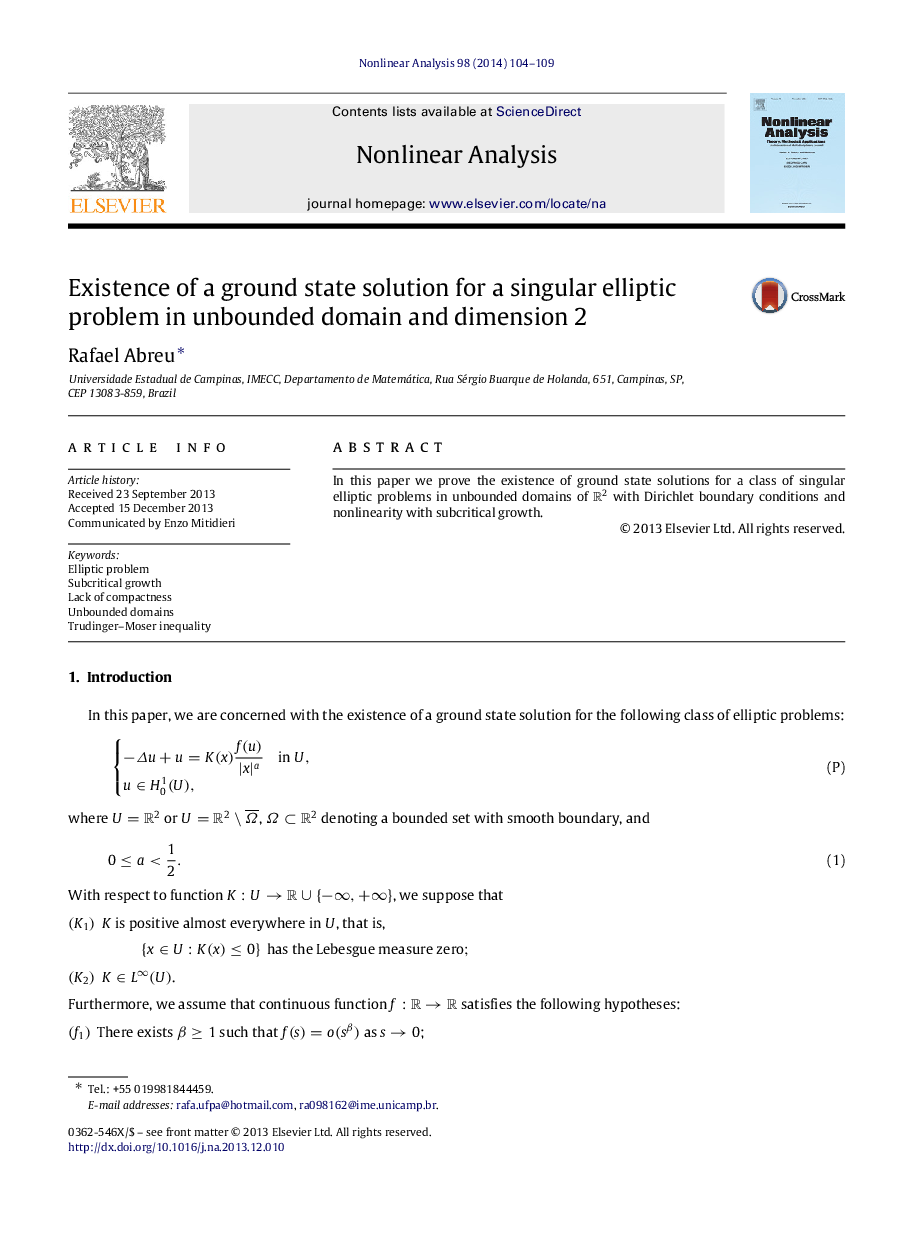 Existence of a ground state solution for a singular elliptic problem in unbounded domain and dimension 2