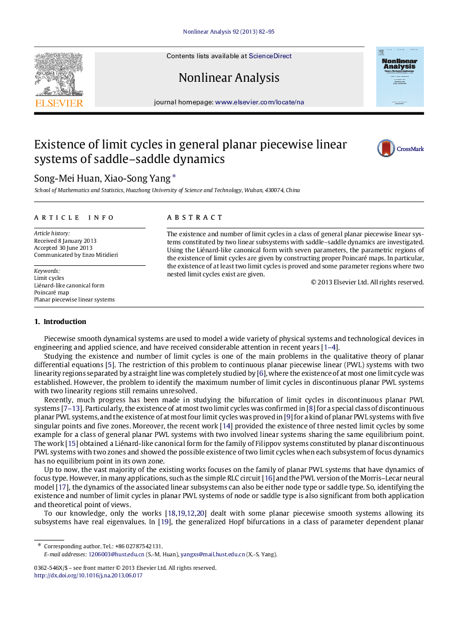 Existence of limit cycles in general planar piecewise linear systems of saddle–saddle dynamics