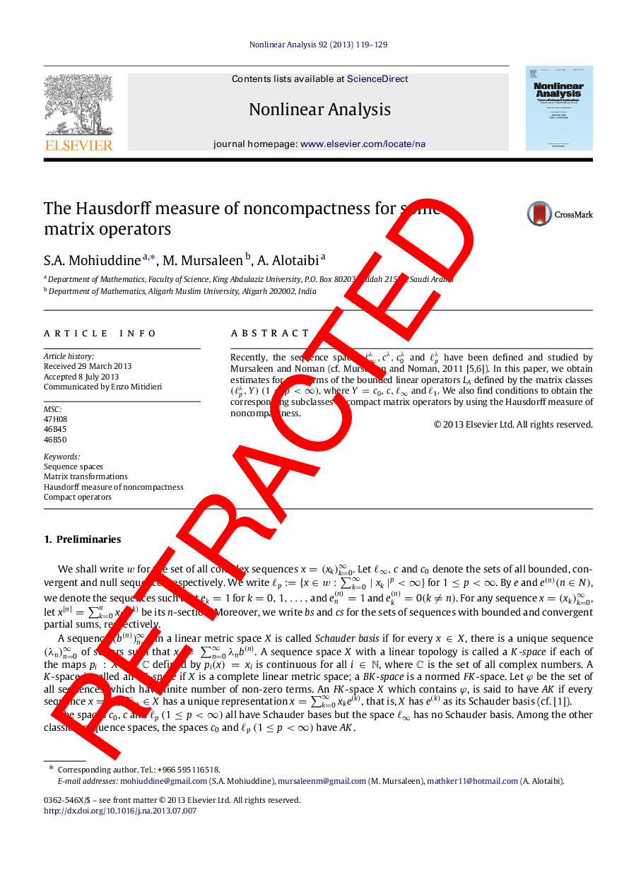 RETRACTED: The Hausdorff measure of noncompactness for some matrix operators