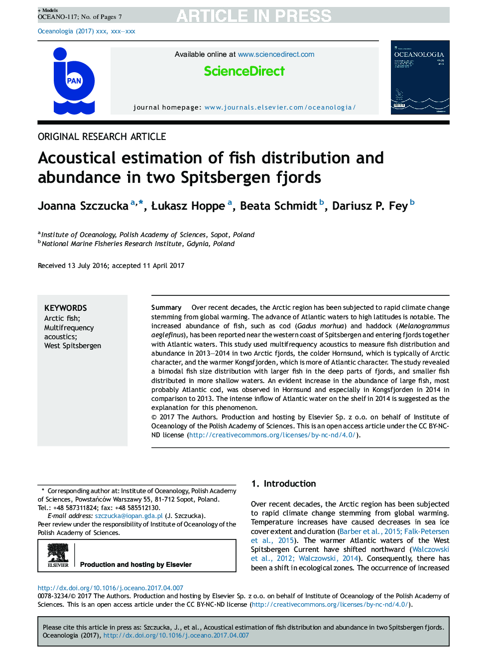 Acoustical estimation of fish distribution and abundance in two Spitsbergen fjords