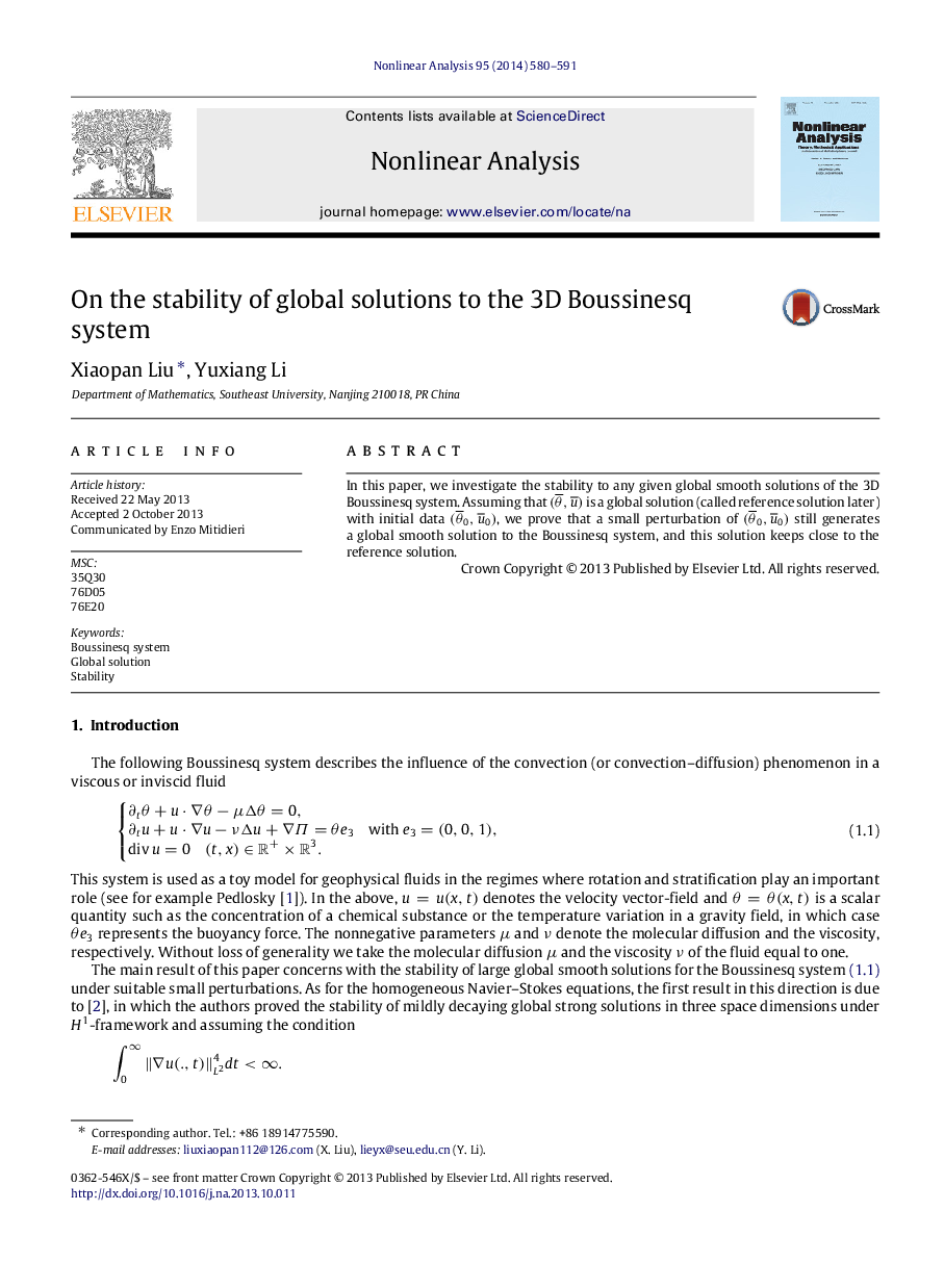 On the stability of global solutions to the 3D Boussinesq system