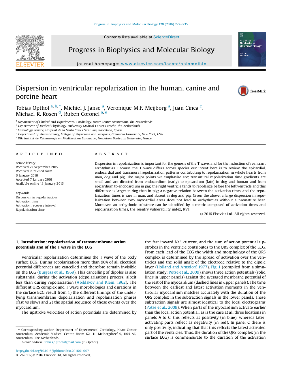 Dispersion in ventricular repolarization in the human, canine and porcine heart