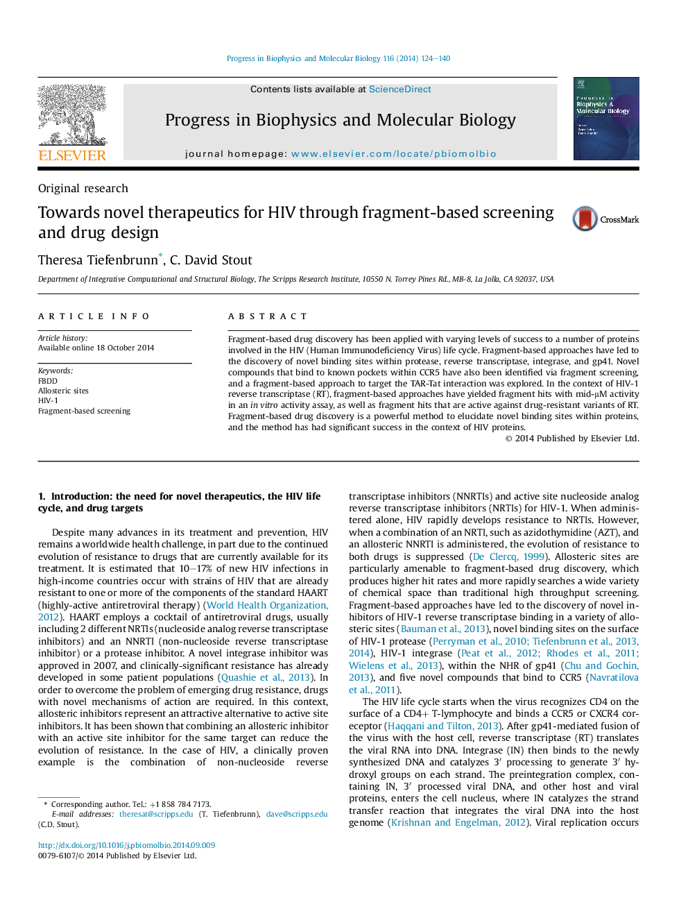 Towards novel therapeutics for HIV through fragment-based screening and drug design