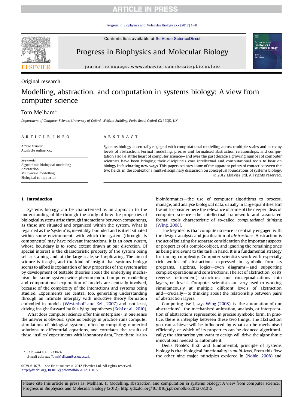 Modelling, abstraction, and computation in systems biology: A view from computer science