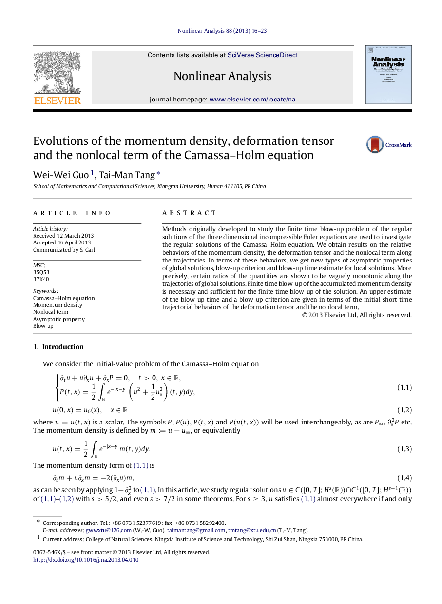 Evolutions of the momentum density, deformation tensor and the nonlocal term of the Camassa–Holm equation