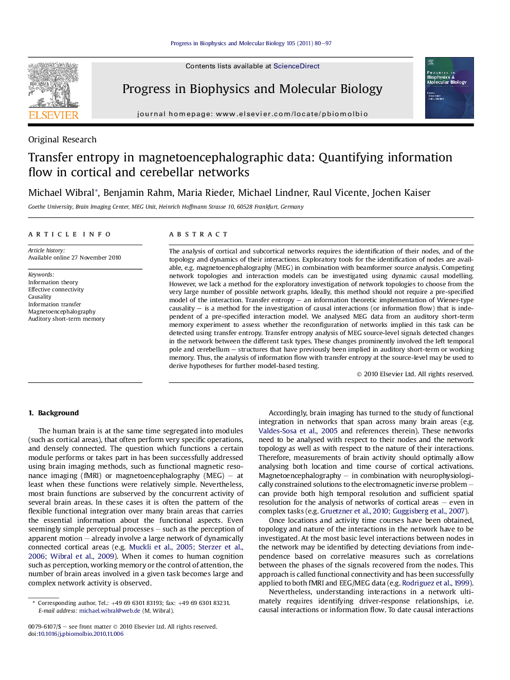 Transfer entropy in magnetoencephalographic data: Quantifying information flow in cortical and cerebellar networks