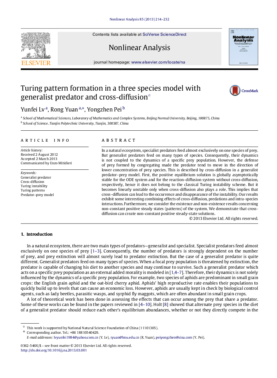 Turing pattern formation in a three species model with generalist predator and cross-diffusion 