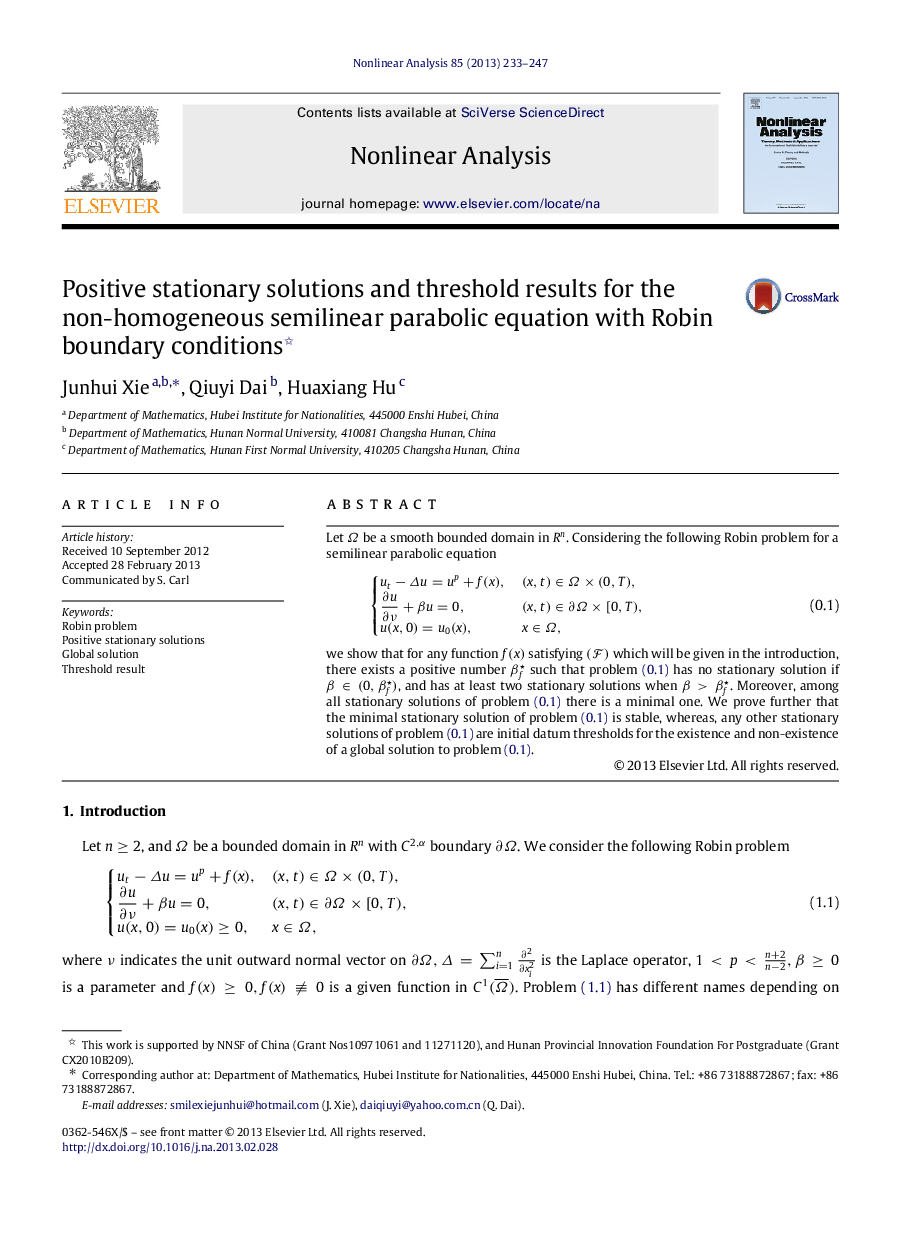 Positive stationary solutions and threshold results for the non-homogeneous semilinear parabolic equation with Robin boundary conditions 