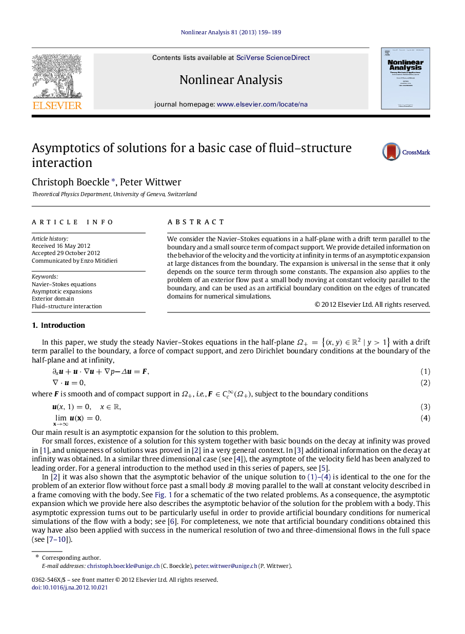 Asymptotics of solutions for a basic case of fluid–structure interaction