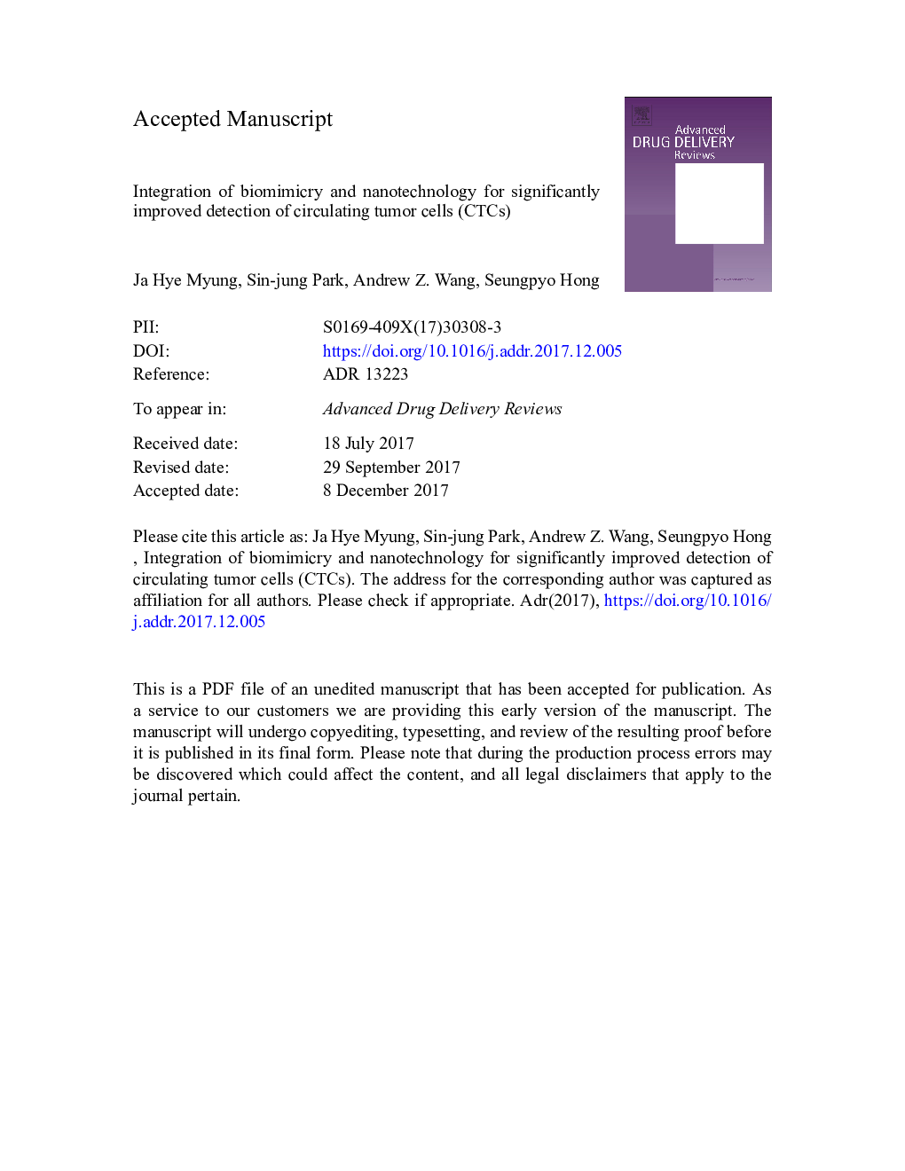 Integration of biomimicry and nanotechnology for significantly improved detection of circulating tumor cells (CTCs)