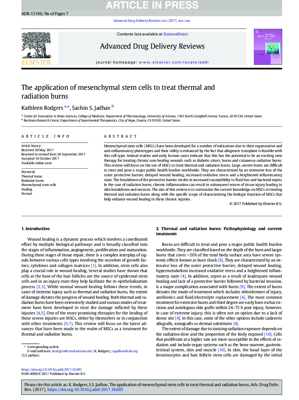 The application of mesenchymal stem cells to treat thermal and radiation burns