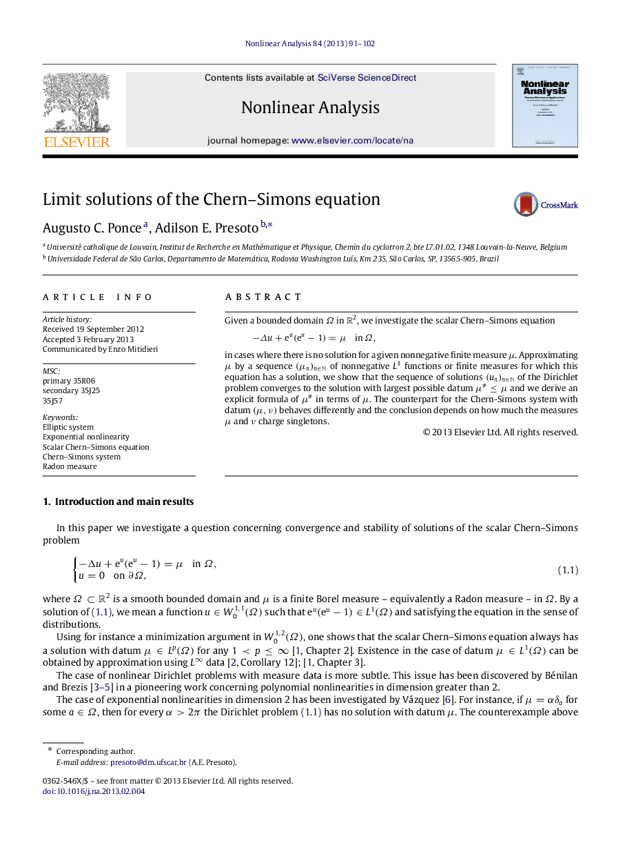 Limit solutions of the Chern–Simons equation