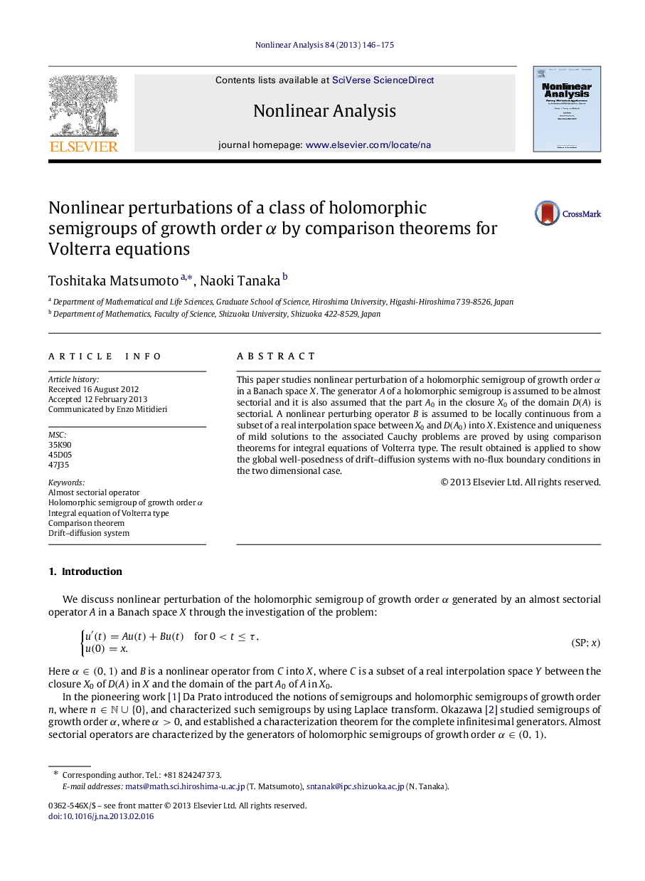 Nonlinear perturbations of a class of holomorphic semigroups of growth order αα by comparison theorems for Volterra equations