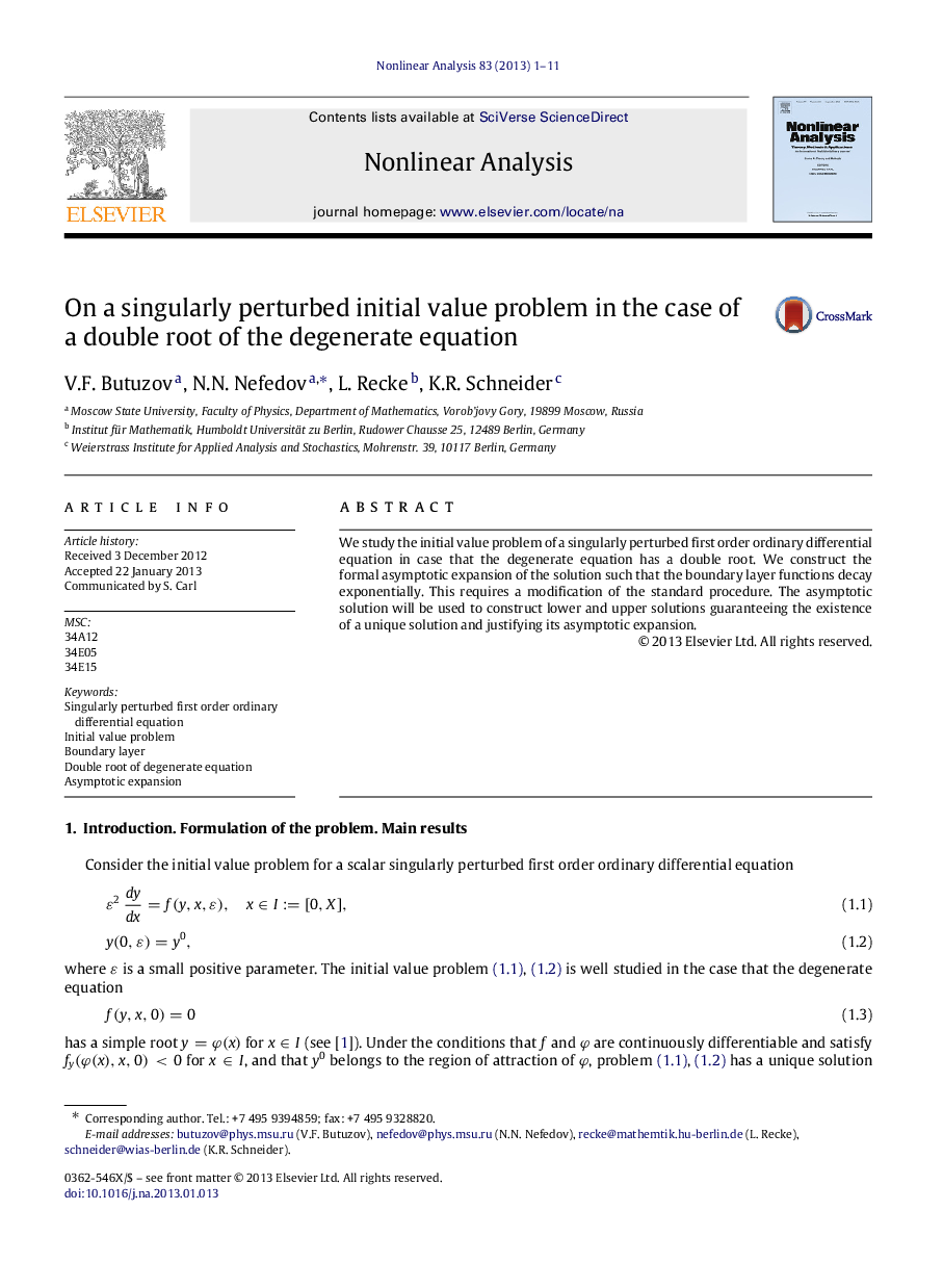 On a singularly perturbed initial value problem in the case of a double root of the degenerate equation