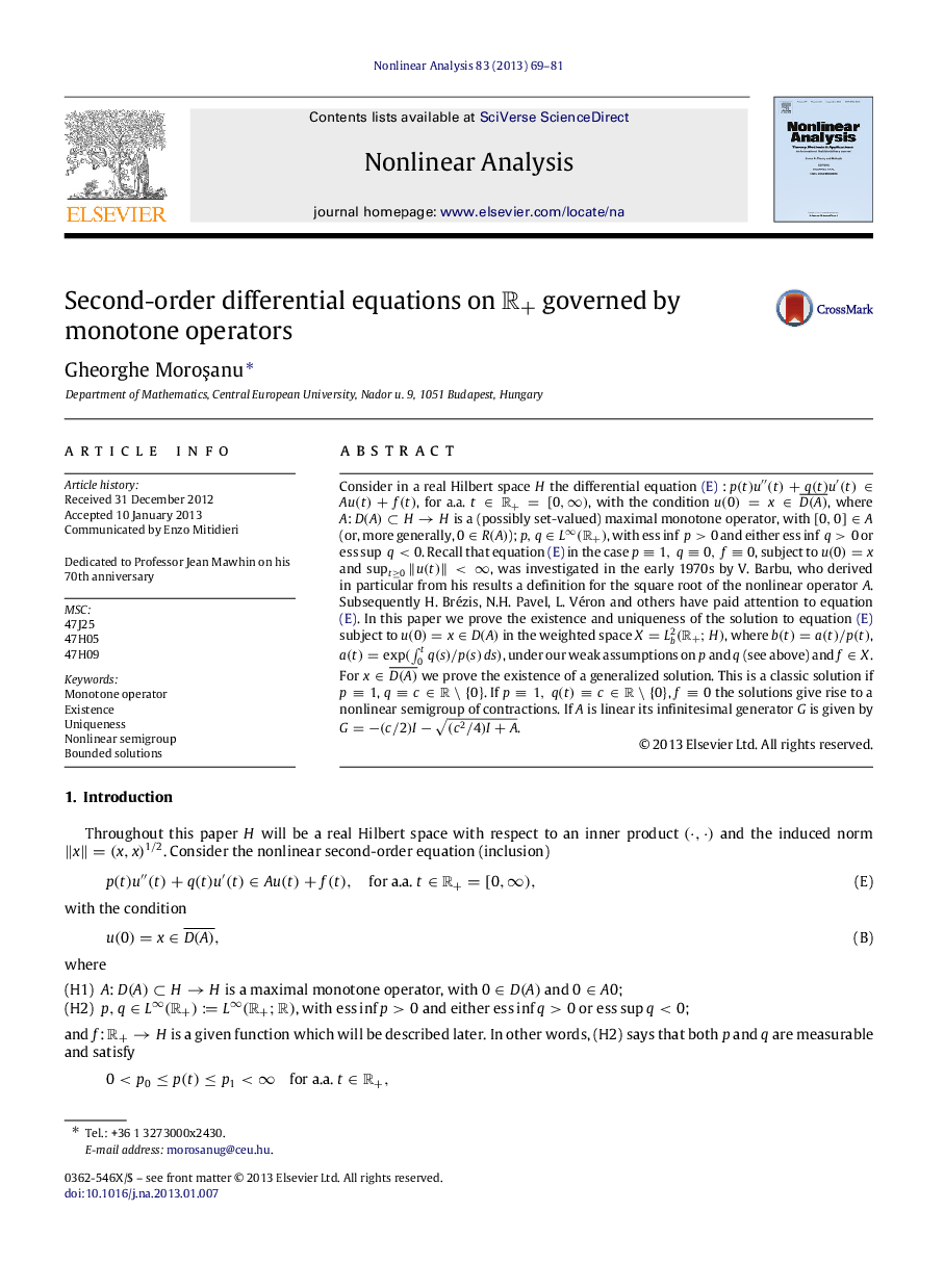 Second-order differential equations on R+ governed by monotone operators