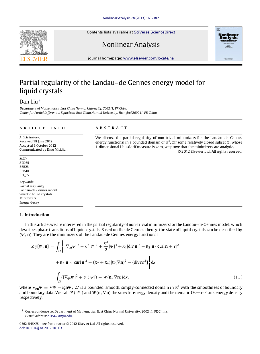 Partial regularity of the Landau–de Gennes energy model for liquid crystals