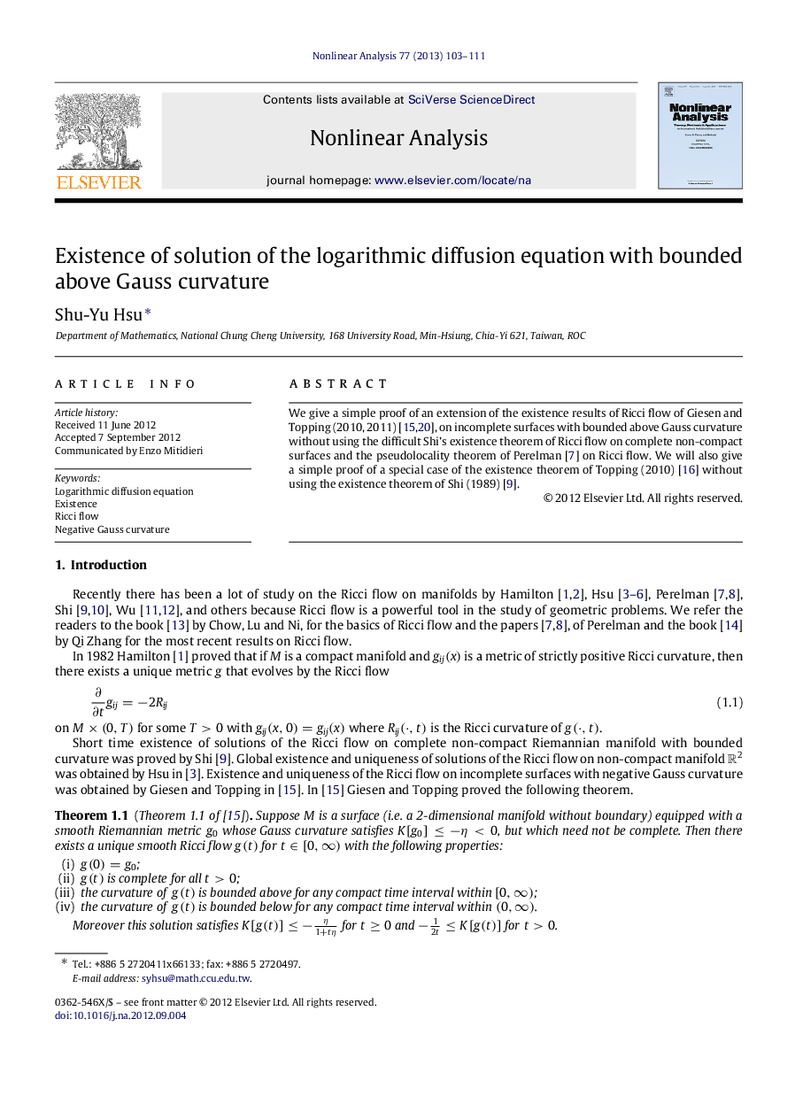 Existence of solution of the logarithmic diffusion equation with bounded above Gauss curvature