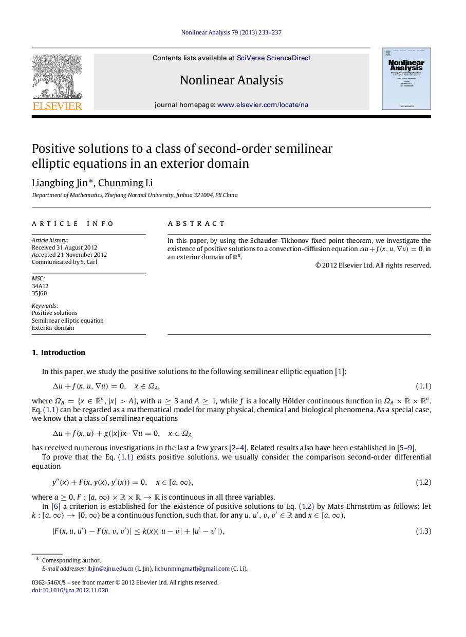 Positive solutions to a class of second-order semilinear elliptic equations in an exterior domain