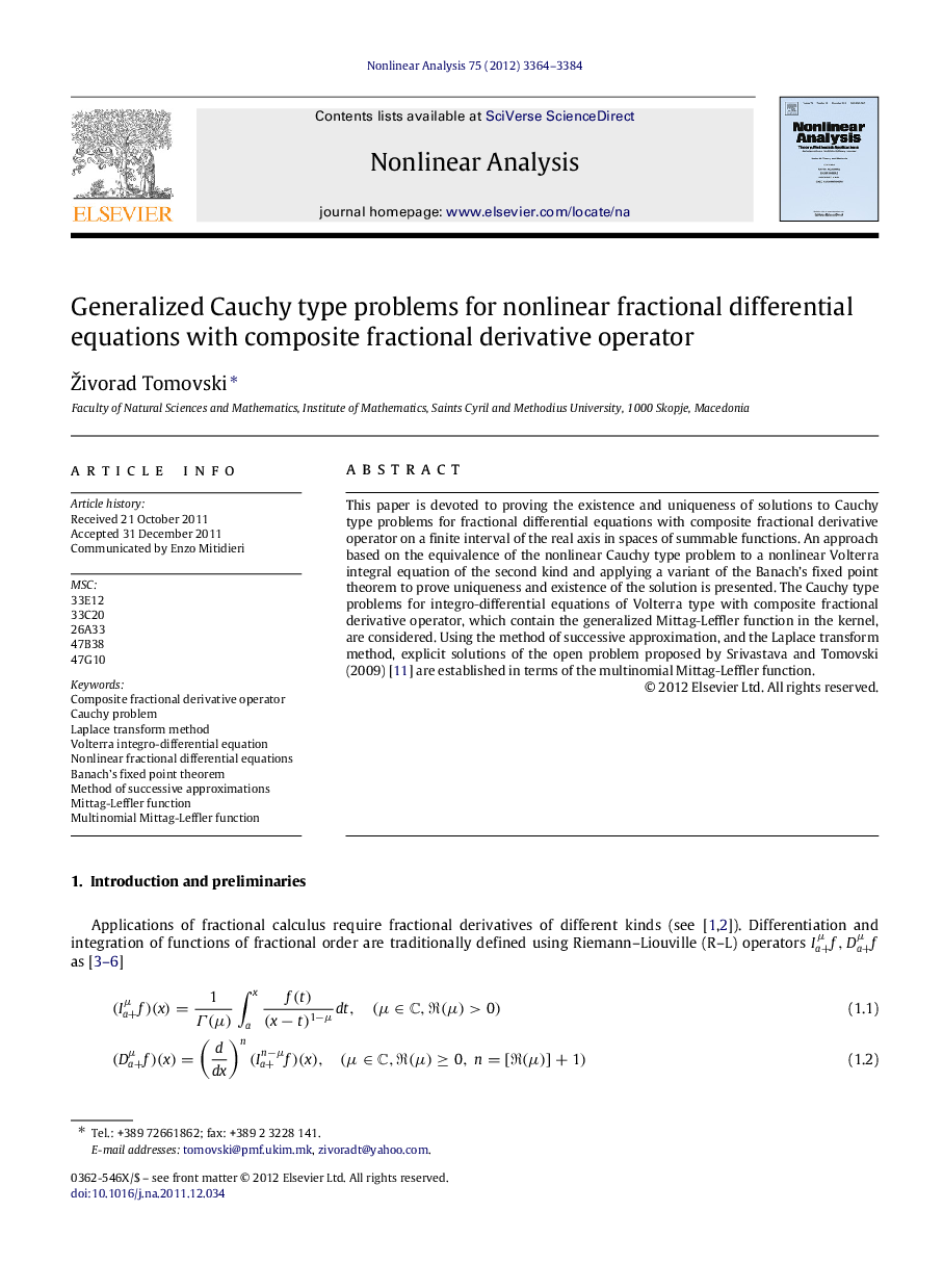 Generalized Cauchy type problems for nonlinear fractional differential equations with composite fractional derivative operator