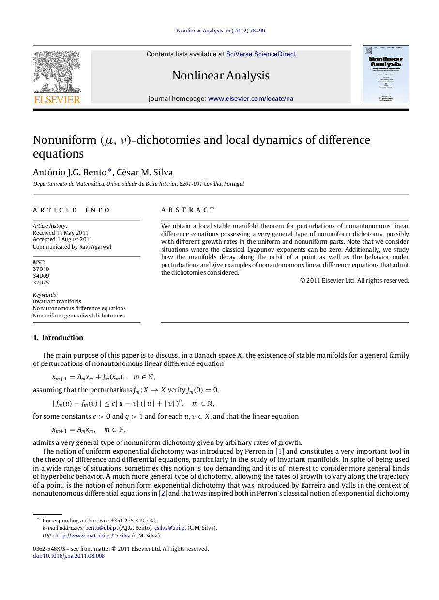 Nonuniform (μ,ν)(μ,ν)-dichotomies and local dynamics of difference equations