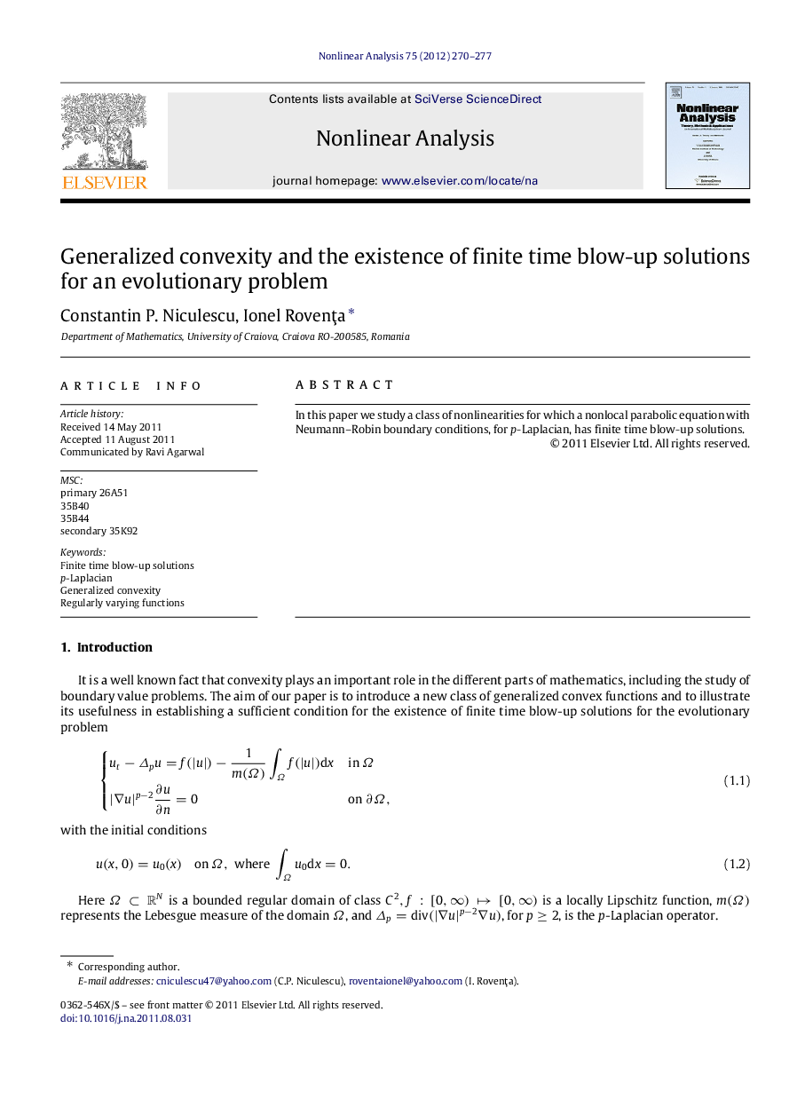 Generalized convexity and the existence of finite time blow-up solutions for an evolutionary problem