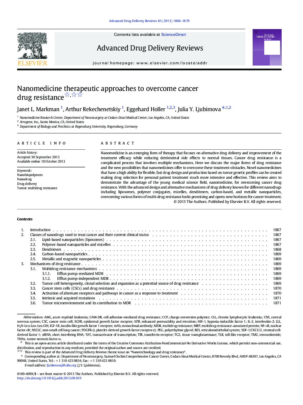 Nanomedicine therapeutic approaches to overcome cancer drug resistance