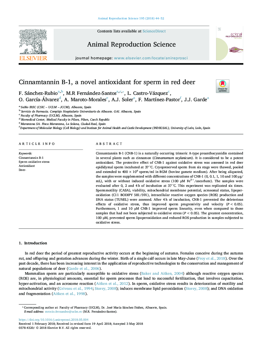 Cinnamtannin B-1, a novel antioxidant for sperm in red deer