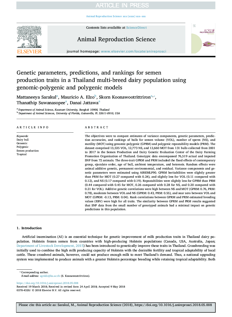 پارامترهای ژنتیکی، پیش بینی ها و رتبه بندی صفات تولید اسپرم در یک گروه تیله چند نژاد تایلندی با استفاده از مدل های ژنی-پلی¬ژنیک و پلی¬نیک 