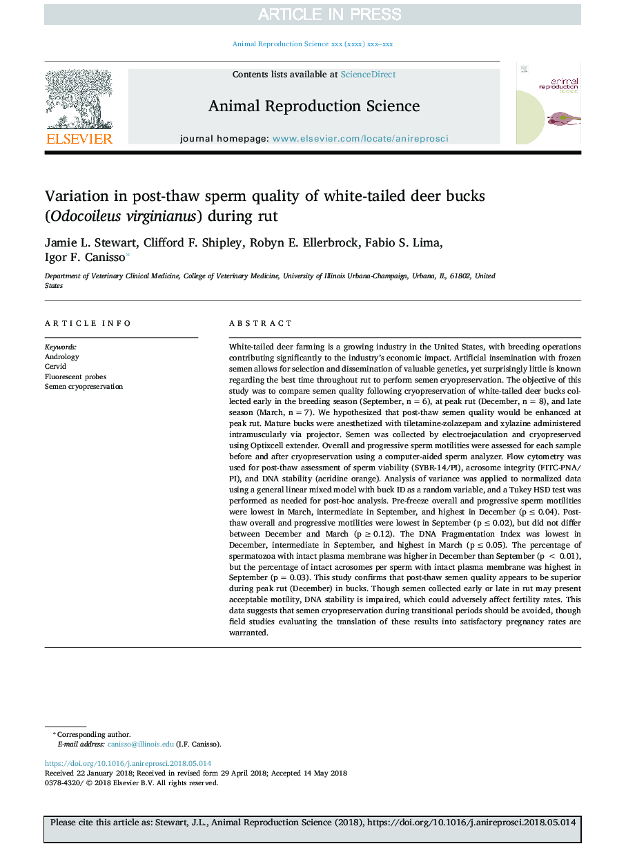 Variation in post-thaw sperm quality of white-tailed deer bucks (Odocoileus virginianus) during rut