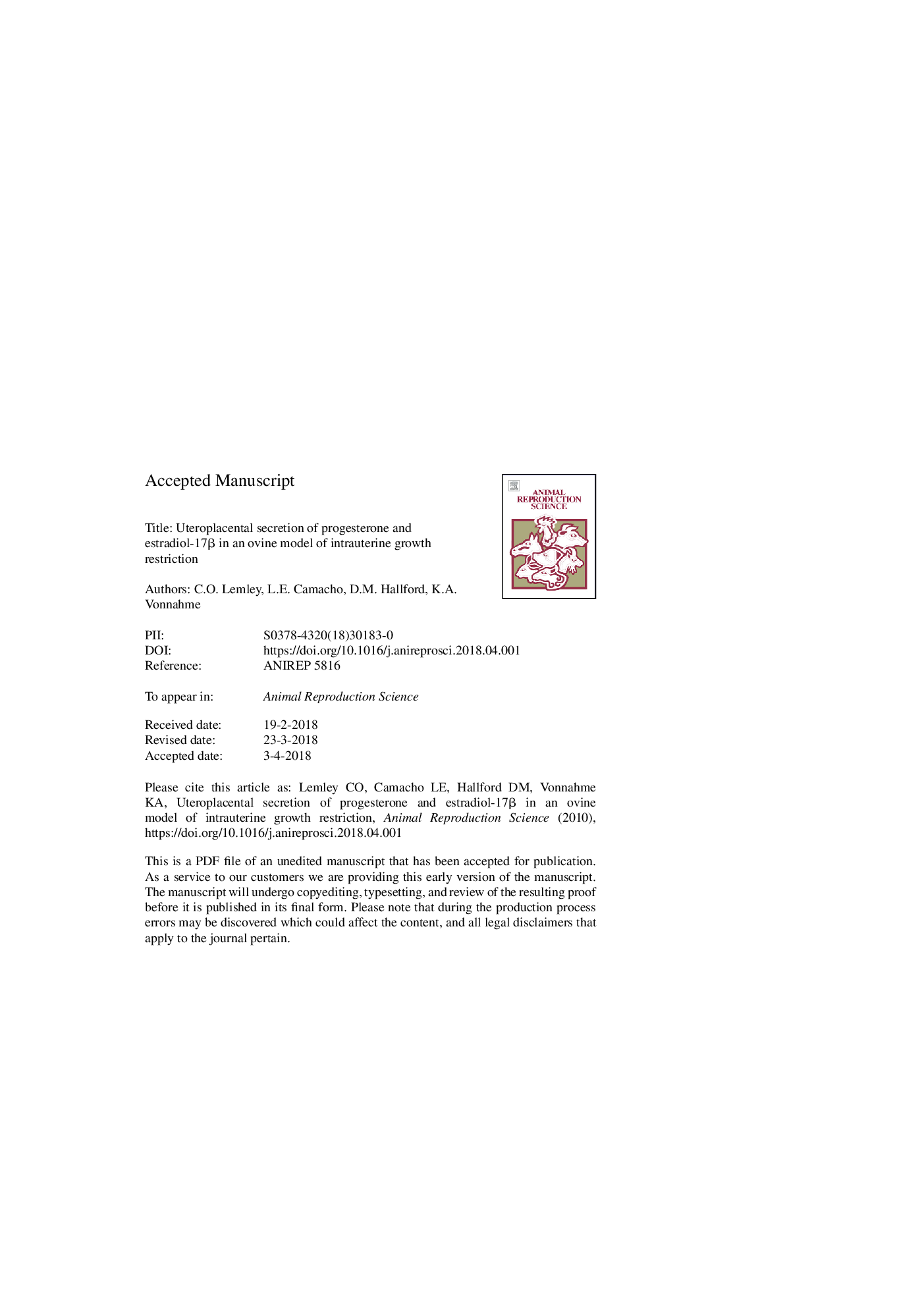 Uteroplacental secretion of progesterone and estradiol-17Î² in an ovine model of intrauterine growth restriction