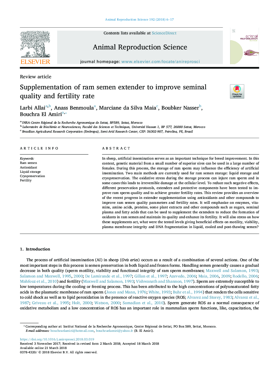 Supplementation of ram semen extender to improve seminal quality and fertility rate