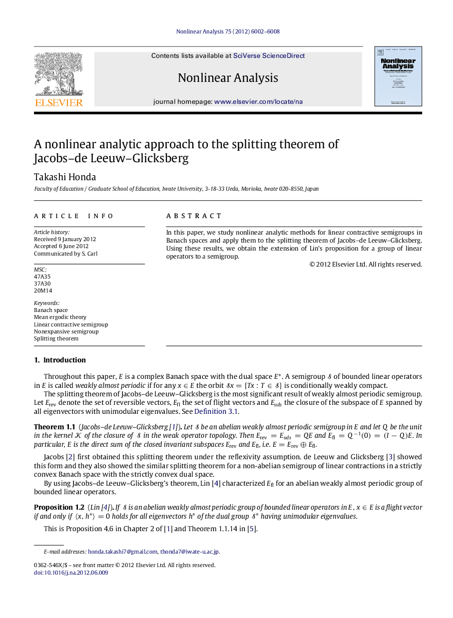 A nonlinear analytic approach to the splitting theorem of Jacobs–de Leeuw–Glicksberg