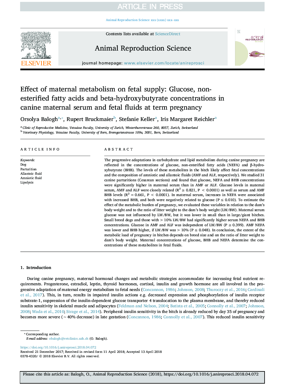 Effect of maternal metabolism on fetal supply: Glucose, non-esterified fatty acids and beta-hydroxybutyrate concentrations in canine maternal serum and fetal fluids at term pregnancy