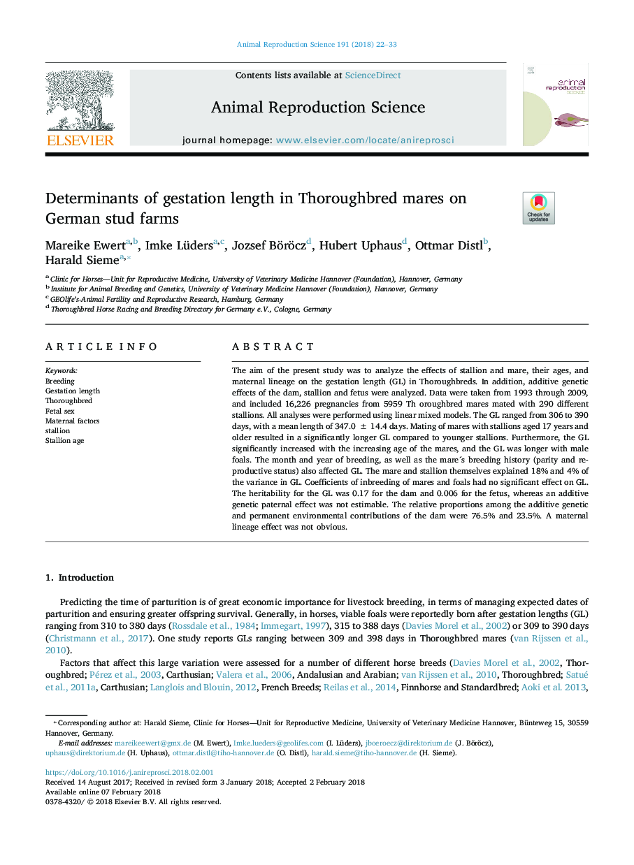 Determinants of gestation length in Thoroughbred mares on German stud farms