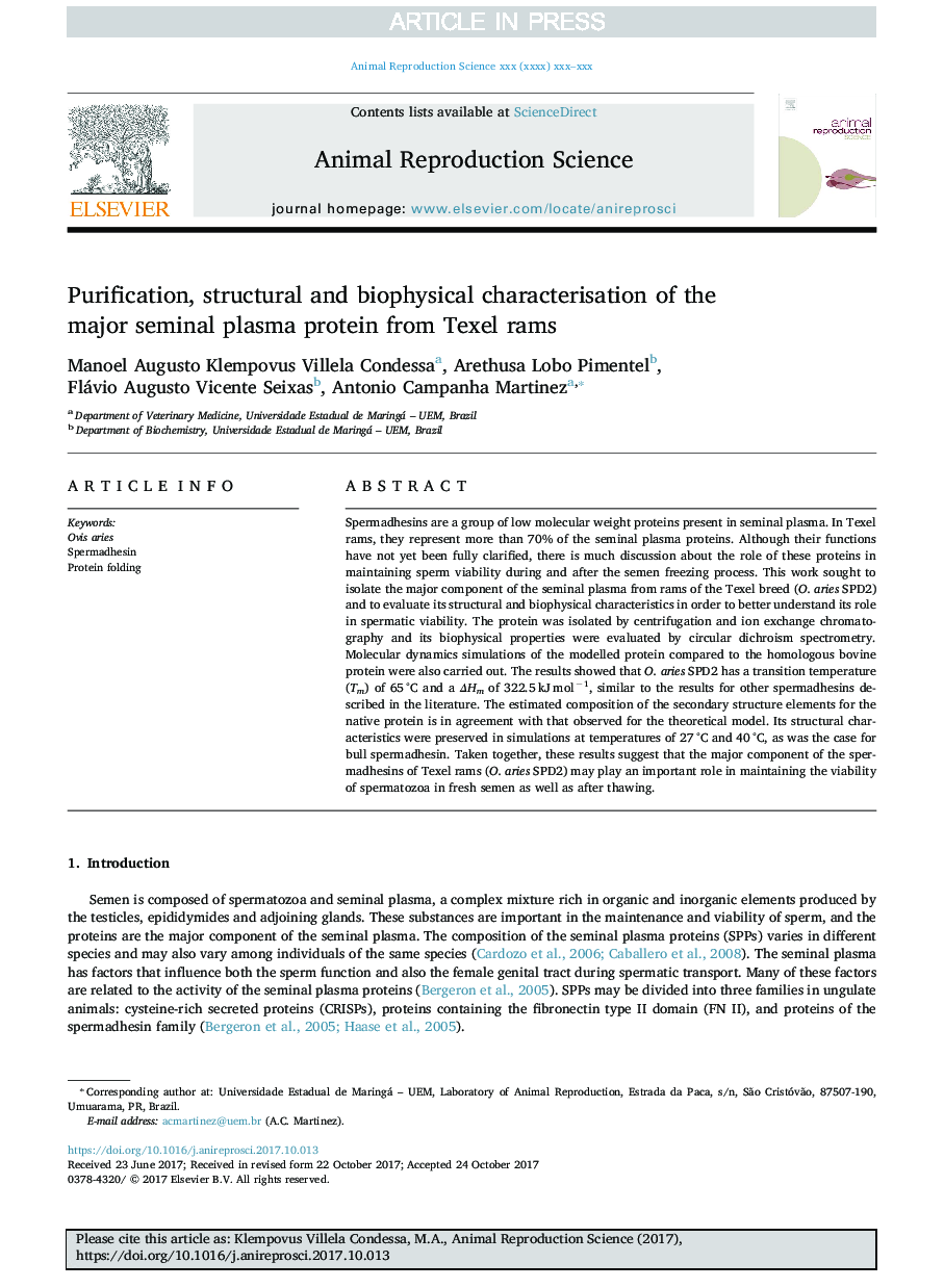 Purification, structural and biophysical characterisation of the major seminal plasma protein from Texel rams