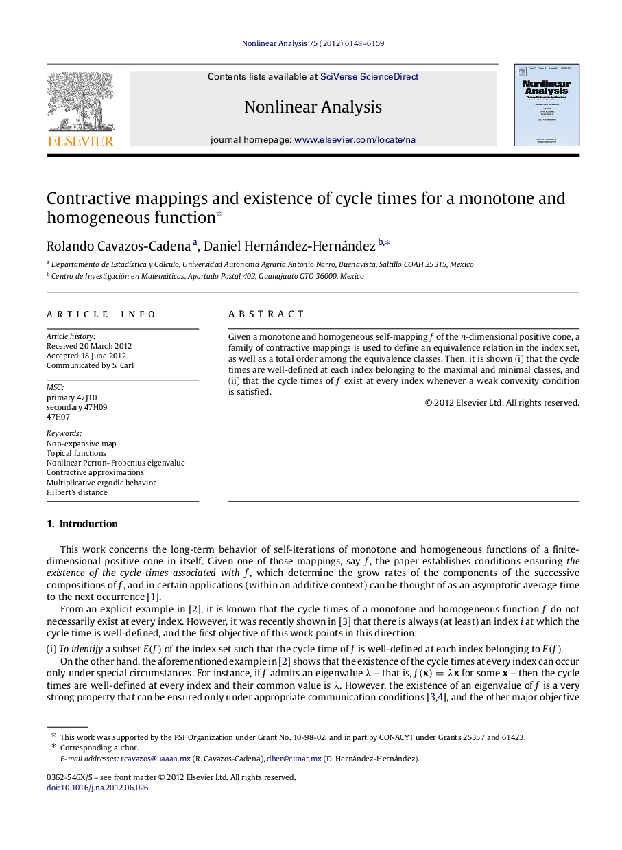 Contractive mappings and existence of cycle times for a monotone and homogeneous function 