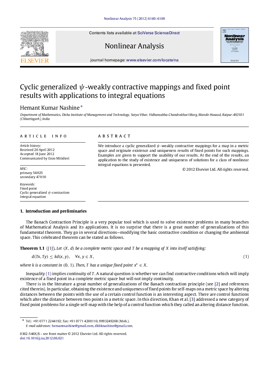 Cyclic generalized ψψ-weakly contractive mappings and fixed point results with applications to integral equations