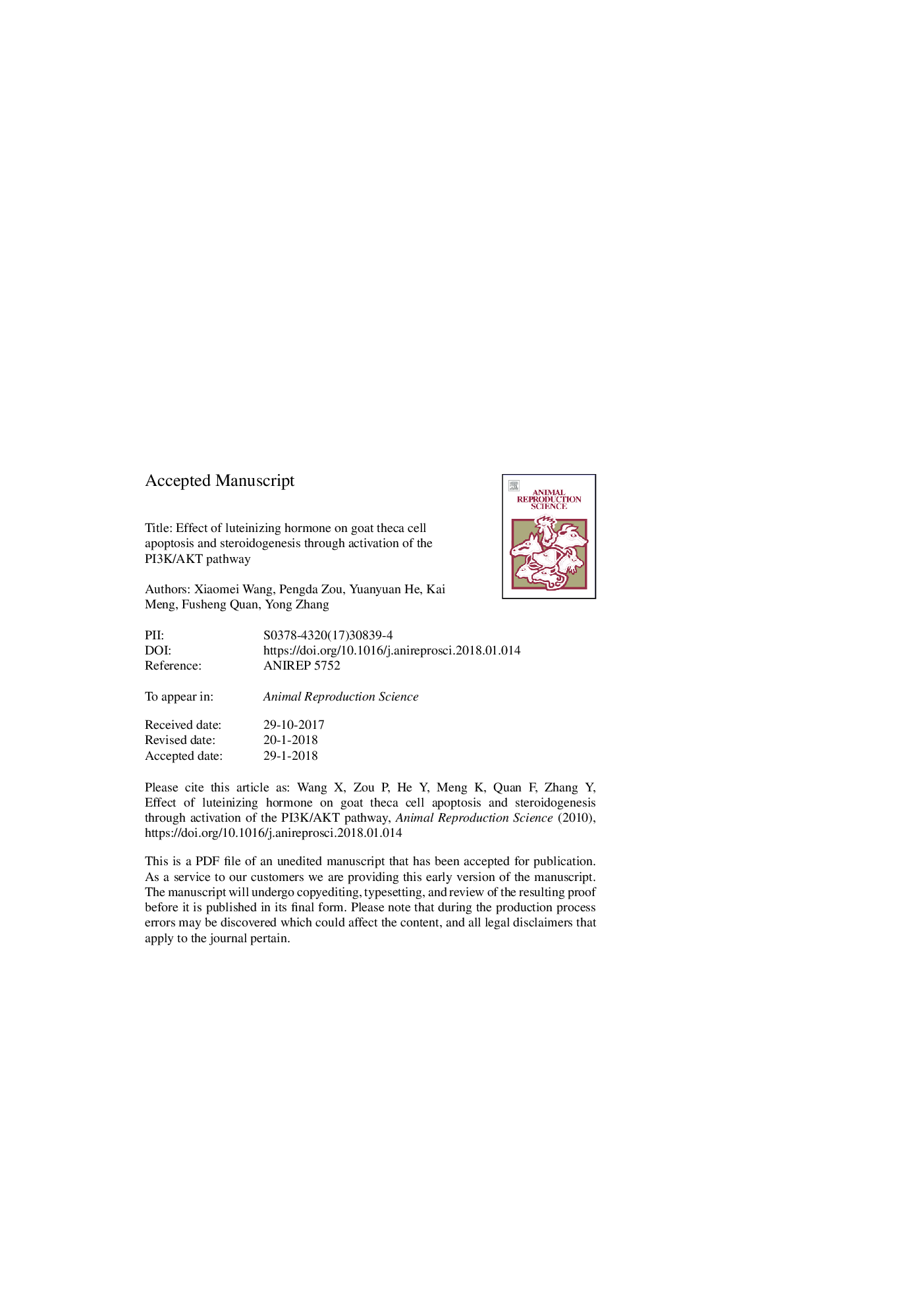 Effect of luteinizing hormone on goat theca cell apoptosis and steroidogenesis through activation of the PI3K/AKT pathway