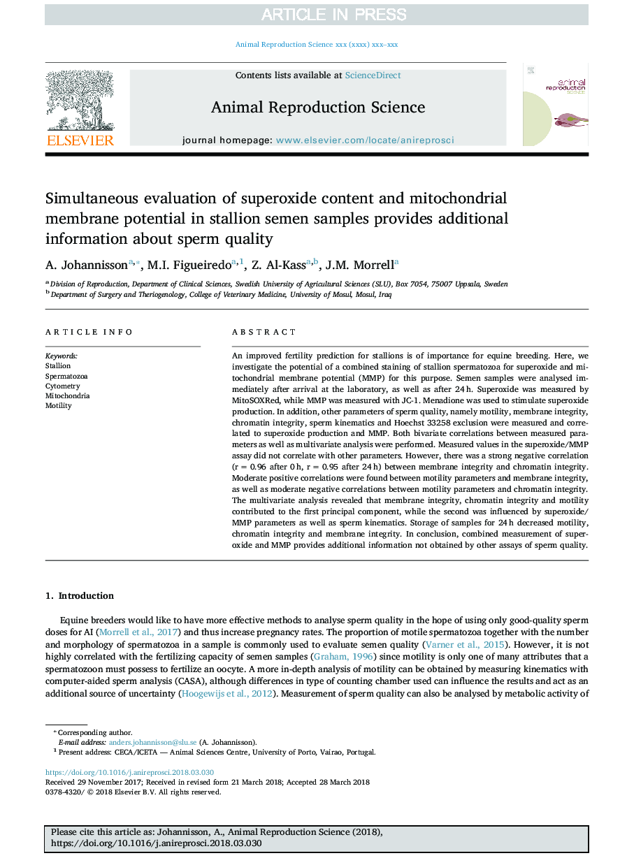 Simultaneous evaluation of superoxide content and mitochondrial membrane potential in stallion semen samples provides additional information about sperm quality