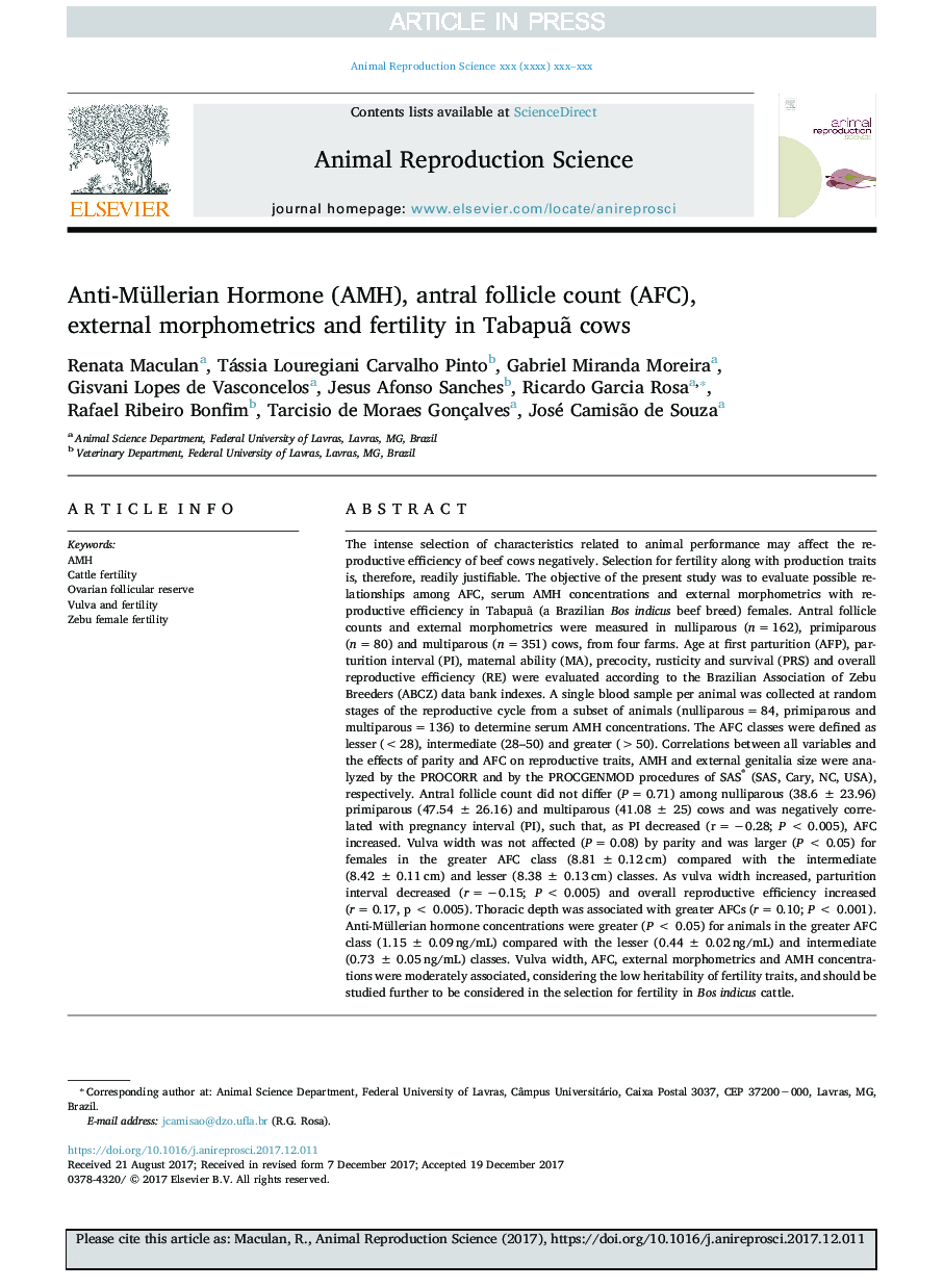 Anti-Müllerian Hormone (AMH), antral follicle count (AFC), external morphometrics and fertility in TabapuÃ£ cows