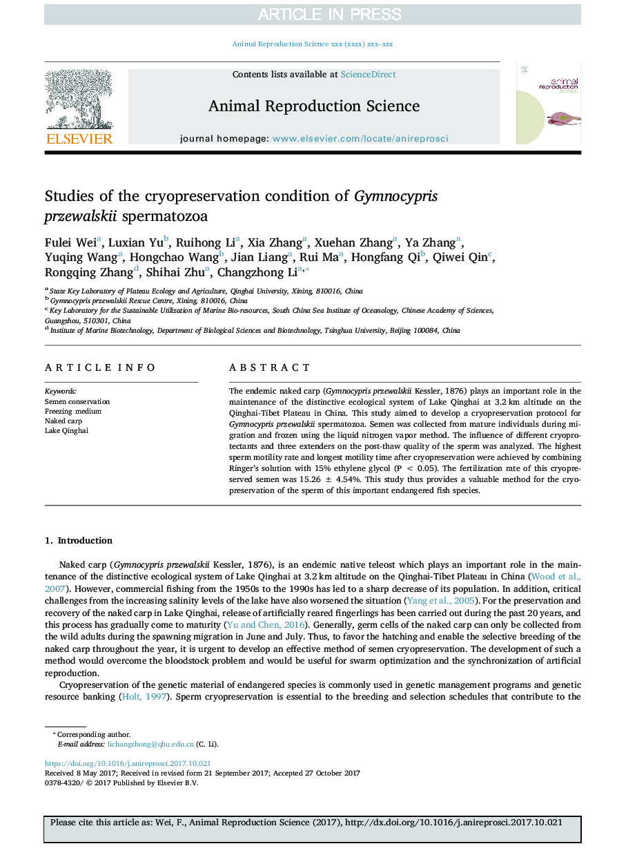 Studies of the cryopreservation condition of Gymnocypris przewalskii spermatozoa