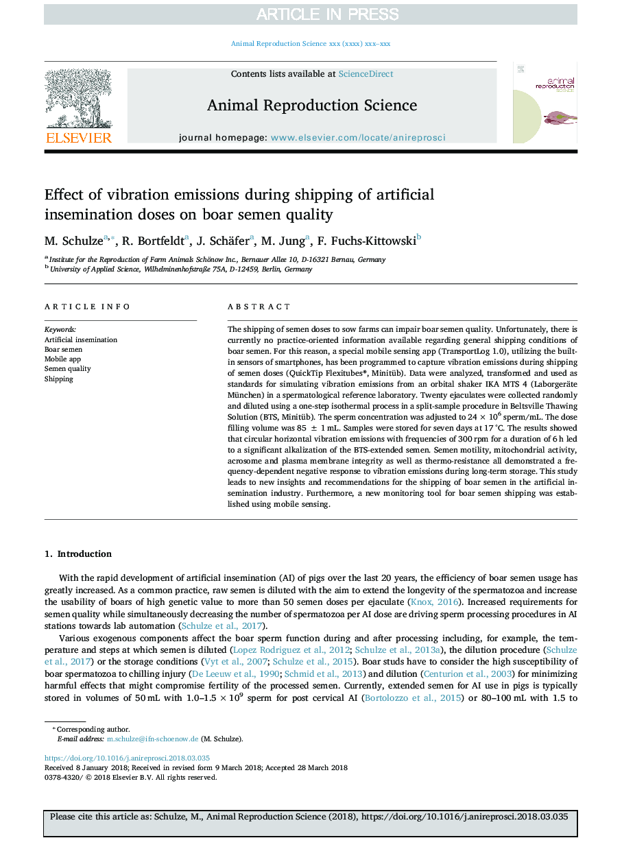 Effect of vibration emissions during shipping of artificial insemination doses on boar semen quality