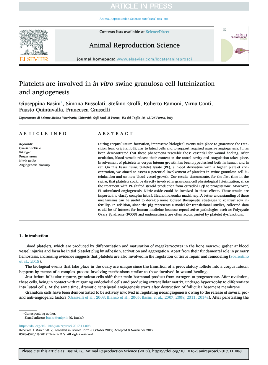 Platelets are involved in in vitro swine granulosa cell luteinization and angiogenesis