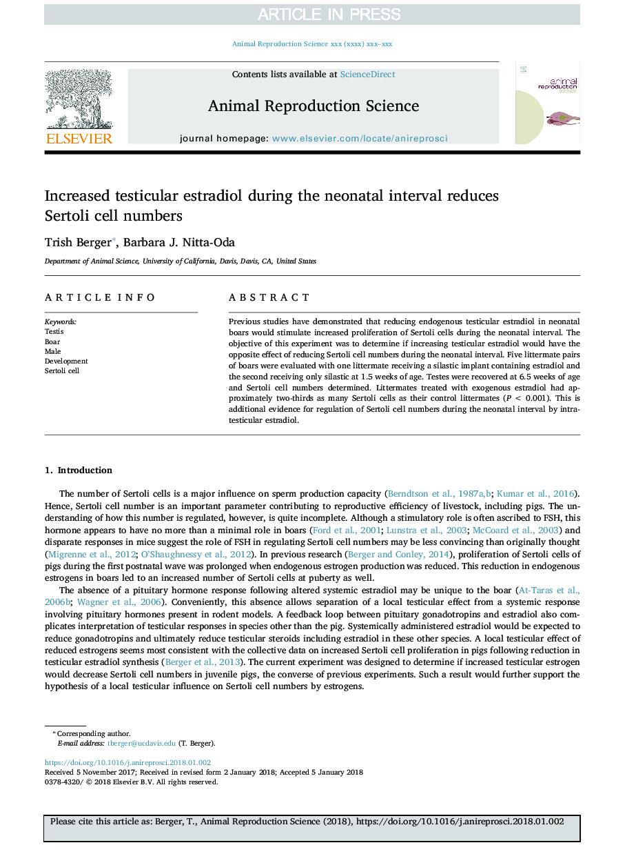 Increased testicular estradiol during the neonatal interval reduces Sertoli cell numbers